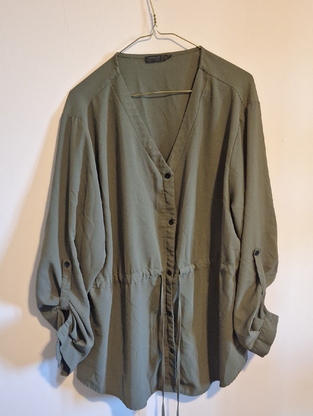 SHEIN Olive Green Button-Front Drawstring Blouse